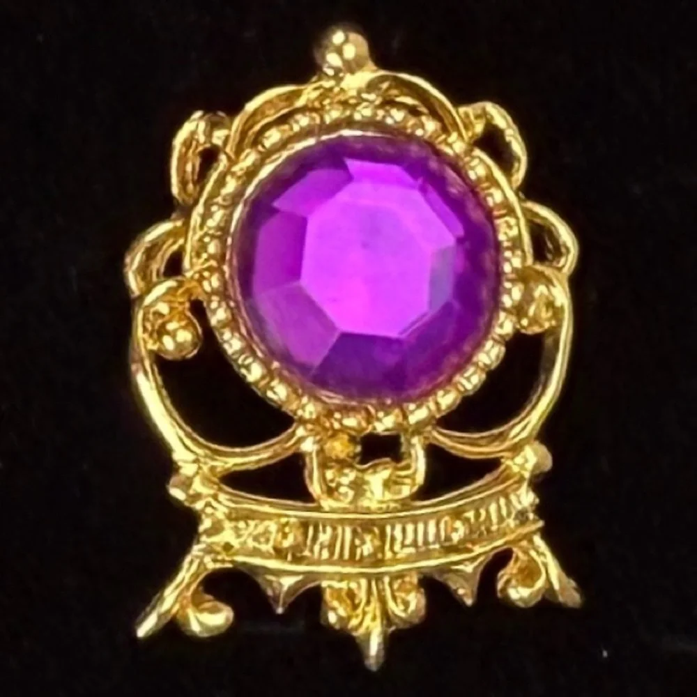 Vintage Purple Faceted Center Ornate Goldtone Openwork Statement Brooch